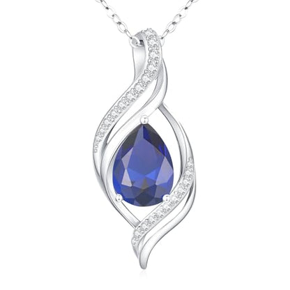 Birthstone Necklace for Women S925 Sterling Silver Teardrop | With Cubic Zirconia and Gemstones - Ideal Birthday Jewelry Gift for Her, Girlfriend, Wife, Mom on Birthday, Anniversary - color: 09 - Sapphire