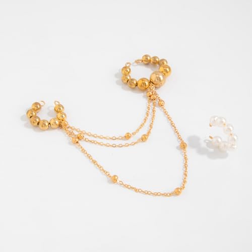 Multi Layer CCB Bead Chain Tassel Ear Cuff for Women Gold Tone Faux Pearl C Shaped Cartilage Clip On Huggie Earrings Lightweight Trendy Jewelry Gift