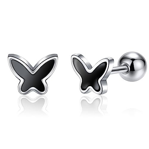 JSGEMSLEE Hypoallergenic 925 Sterling Silver Stud Earrings for Women With Screw Back Small Butterfly Heart Flower Earrings for Girls Tragus Cartilage Jewelry Gifts - color: Butterfly