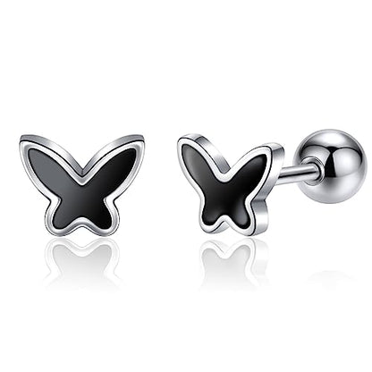 JSGEMSLEE Hypoallergenic 925 Sterling Silver Stud Earrings for Women With Screw Back Small Butterfly Heart Flower Earrings for Girls Tragus Cartilage Jewelry Gifts - color: Butterfly