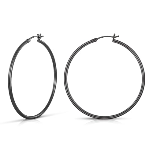 Gold Hoop Earrings for Women 14K Gold Plated | 925 Sterling Silver Post Hypoallergenic Hoop Earrings - color: Black, size: 50mm