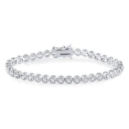 18K White Gold Plated Round-Cut Full CZ Link Bracelet Classic Hypoallergenic Cubic Zirconia Tennis Bracelet for Women - size: 6.3IN, style: Round 3mm Halo