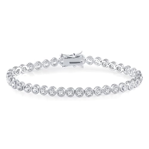 18K White Gold Plated Round-Cut Full CZ Link Bracelet Classic Hypoallergenic Cubic Zirconia Tennis Bracelet for Women - size: 7.0IN, style: Round 3mm Halo