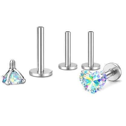 Titanium Heart CZ Labret Stud Earrings for Piercings by Ginger Lyne 6Pc Set G23 Screw Front Flat Back Body Jewelry 2 pair post 6mm, 8mm Cartilage, Helix, Tragus, Lip, Conch, Lobe - color: 5mm-AuroraBorealis