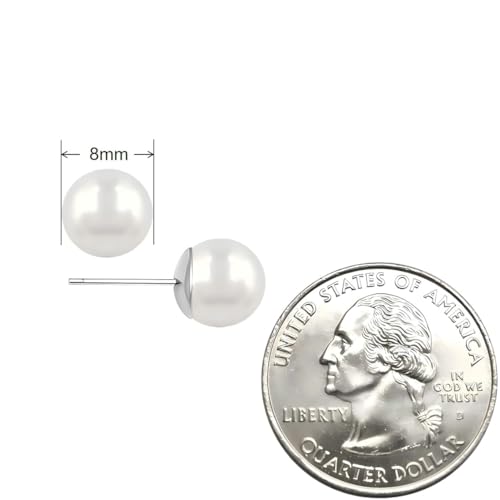 White Faux Pearl Stud Earrings, S925 Silver Posts Hypoallergenic for Women - color: White, size: 8mm