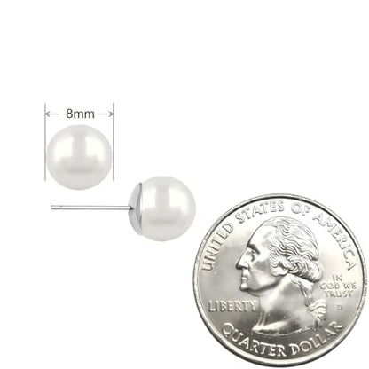 White Faux Pearl Stud Earrings, S925 Silver Posts Hypoallergenic for Women - color: White, size: 8mm