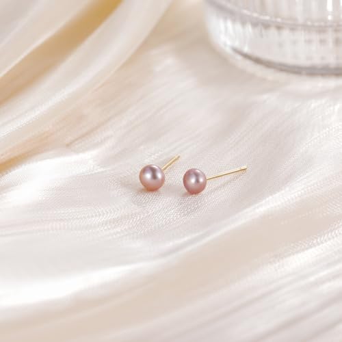EAMTI Pearl Earrings for Women Trendy 18K Gold Plated Sterling Silver Freshwater Cultured Pearl Stud Earrings Hypoallergenic 5.5-9.5MM - color: Pink-purple, size: 5-6mm