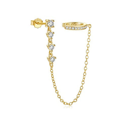 Crystal Ear Cuff Tassel Cartilage Stud Earring for Women Girls 925 Sterling Silver CZ Clip On Huggie Hoops Climber Crawler Long Chain Dangle Drop Hypoallergenic Earrings Fashion 1 Pcs Jewelry Gifts Birthday - color: Gold