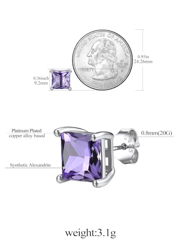 FindChic 2 Carat Birthstone Stud Earrings for Women, Round/Heart/Princess Cut Stud Earrings, Hypoallergenic Studs with 925 Sterling Silver Posts, 12 Months Birthday Jewelry Gift - color: 06. June-Alexandrite(Princess Cut)