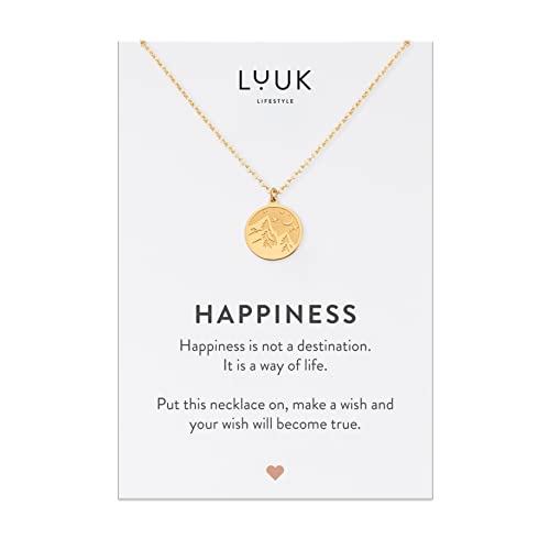 LUUK LIFESTYLE Stainless steel necklace with pendant and HAPPINESS card, 20” adjustable length, lucky charm, friendship chain, Valentine's Day gift, birthday, women's jewelry, silver, gold, rosegold - color: Gold, size: Mountain