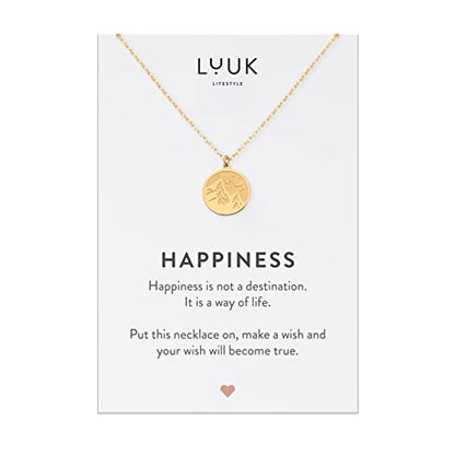 LUUK LIFESTYLE Stainless steel necklace with pendant and HAPPINESS card, 20” adjustable length, lucky charm, friendship chain, Valentine's Day gift, birthday, women's jewelry, silver, gold, rosegold - color: Gold, size: Mountain