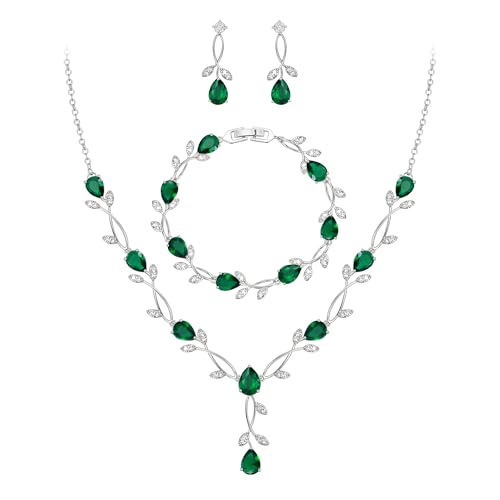 EVER FAITH Cubic Zirconia Pearl Leaf Bridal Jewelry Set for Bride Women | White Wedding Prom Necklace Dangle Earrings Bracelet, for Bridesmaid - color: CZ_Green Silver-Plated-Brass