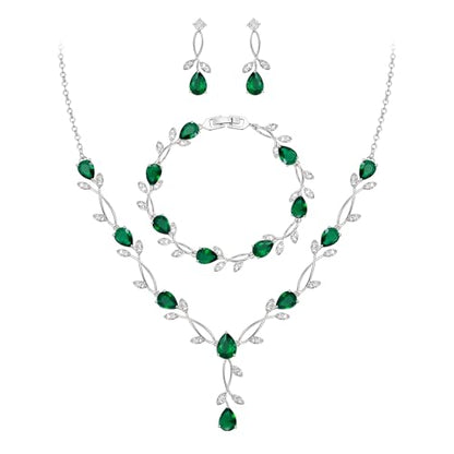 EVER FAITH Cubic Zirconia Pearl Leaf Bridal Jewelry Set for Bride Women | White Wedding Prom Necklace Dangle Earrings Bracelet, for Bridesmaid - color: CZ_Green Silver-Plated-Brass