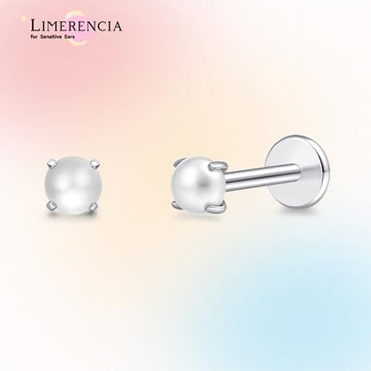 limerencia Titanium Threadless Flat Back Earrings Stud Piercing Jewelry | 20G Press Fit Titanium Push Pop in Cartilage Tragus Labret Lip Medusa Conch Piercing Jewelry Hypoallergenic for Women Men - style: Pearl Silver