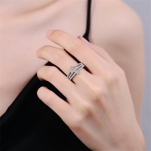 Dainty CZ Cross Adjustable Stacking Open Ring for Women Chic Crystal Christian Faith Triple Layer Stackable Statement Finger Wrap Ring Comfort Fit Religious Fashion Jewelry