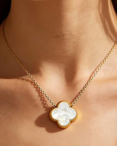 Four Leaf Clover Necklace 18K Gold Plated Necklaces for Women Lucky Flower Pendant Adjustable Link Chain Stainless Steel Dainty Trendy Simple Jewelry Gifts for Women - color: 1G-Black+White