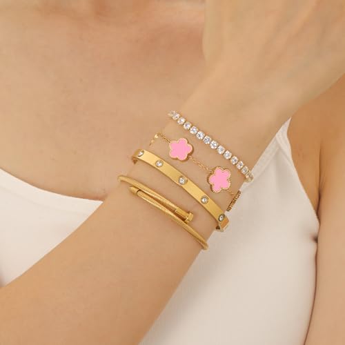 Gold Bracelets for Women, 18K Gold Plated Women Tennis Bracelets Clover Nail Love Bangle Bracelet Set, Gold Bracelet Stackable Set Trendy Jewelry, Gifts for Women's Day and Mother's Day - color: 02-Color-pink