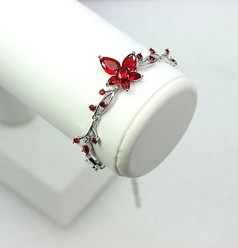 Faship Gorgeous CZ Crystal Floral Necklace Earrings Set - color: Red / Matching Bracelet