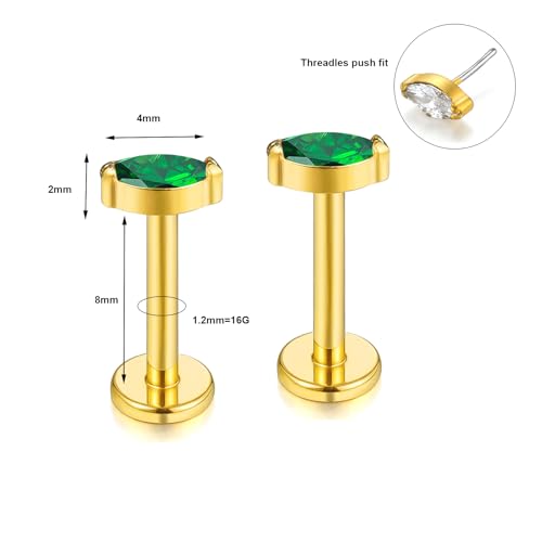 BelezaDosas G23 Titanium Labret Studs 16G Threadless Push-in Press Fit Lip Cluster Tragus Helix Lobe Conch Rook Medusa Cartilage Monroe Earring Push Back Piercing Jewelry - color: 16g8mm eye gd gr