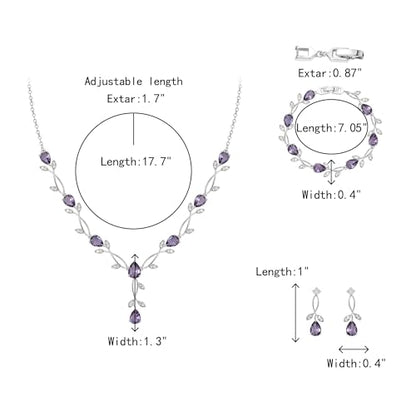 Crysdue Wedding Jewelry Set for Brides Bridesmaid, Cubic Zirconia Teardrop Marquise Leaf Cluster Pendant Necklace Bridal Tennis Bracelet Drop Earrings for Women Party Prom - style: A- CZ set-purple, silver
