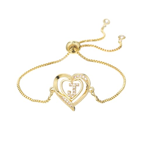 14K White Gold Plated Initial Heart Bracelet for Women Zircon Inlay Heart Initial Charm Bracelets Adjustable Minimalist Jewelry - color: J-gold