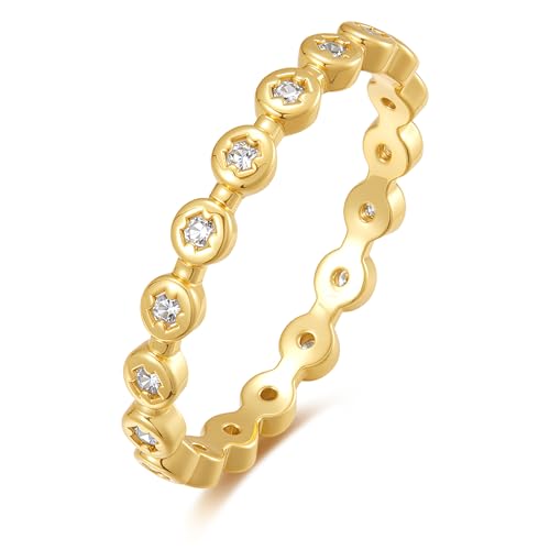 espere Womens Bezel Set Wedding Band | 14K Gold Plated Round Cut CZ Half Eternity Wedding Ring - color: Yellow Gold; Full Eternity Bezel Set