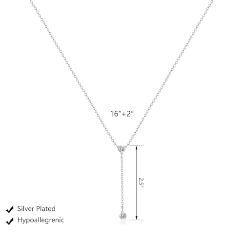 Luxval Lariat Gold Necklace for Women, Dainty Long Necklace 14k Gold Plated/Silver Y-Shaped Pendant Necklaces Trendy Beaded Chain Drop Necklaces Jewelry for Women Gifts - color: Silver-Y CZ Necklace