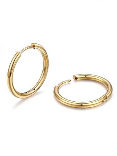 PROSTEEHoop Earrings for Men Women Stainless Steel Silver/Black/14K Gold | Waterproof & Lightweight Sleeper Small Huggie Earring Hypoallergenic Post Cartilage Piercing Jewelry for Mens Dad Gift Box - color: A. Round-14K Gold, size: 16mm