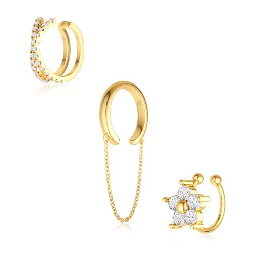 Carffordo 3Pcs Ear Cuffs Non Piercing for Women, Dainty Clip on Earrings | Trendy 14K Gold Plated Ear Cuff with Cubic Zirconia, Fake Piercing Cartilage Earrings, Lightweight Jewelry for Daily Wear - color: 3pcs-chain