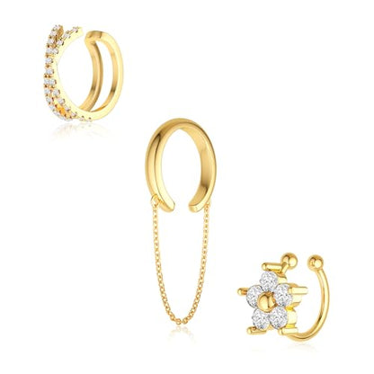 Carffordo 3Pcs Ear Cuffs Non Piercing for Women, Dainty Clip on Earrings | Trendy 14K Gold Plated Ear Cuff with Cubic Zirconia, Fake Piercing Cartilage Earrings, Lightweight Jewelry for Daily Wear - color: 3pcs-chain