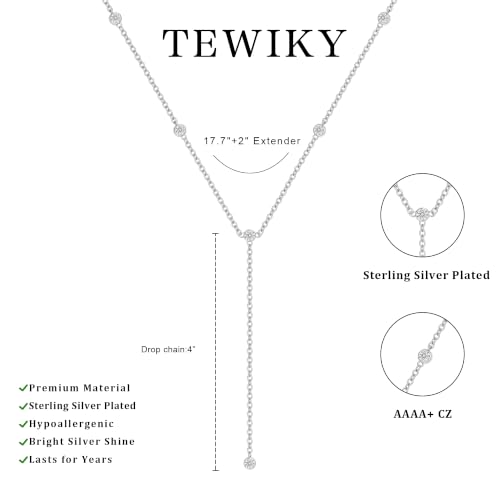 Tewiky Dainty Diamond Lariat Necklace for Women, Long Y Necklace | 14K Gold/Sterling Silver Plated Non Tarnish Necklace, Waterproof Drop Chain for Prom Wedding,Beach Summer Body Chian,Jewelry - color: Silver