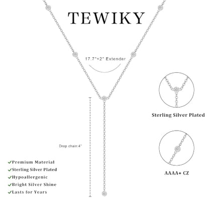 Tewiky Dainty Diamond Lariat Necklace for Women, Long Y Necklace | 14K Gold/Sterling Silver Plated Non Tarnish Necklace, Waterproof Drop Chain for Prom Wedding,Beach Summer Body Chian,Jewelry - color: Silver