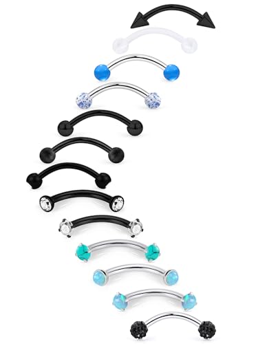 16g 8/10mm Silver/Black/Rose-Gold/Rainbow Eyebrow Piercing Jewelry Rings Curved Barbell Vertical Labret Lip Surgical Steel Small Belly Button Snake Eyes Tongue Rook Earrings for Women Men - color: Black / Blue, size: 16g*10mm*3mm
