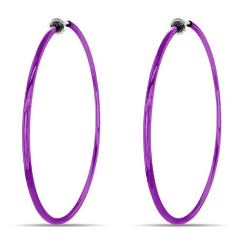 Clip On Spring Hoop Earrings for Non-Pierced Ears - color: Purple, size: 60mm