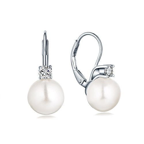JO WISDOM 925 Sterling Silver Cubic Zirconia Freshwater Cultured Pearl Drop & Dangle Leverback Earrings - color: 8mm-white