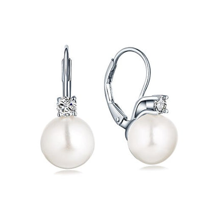 JO WISDOM 925 Sterling Silver Cubic Zirconia Freshwater Cultured Pearl Drop & Dangle Leverback Earrings - color: 8mm-white