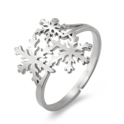 OIDIMS Xmas Snowflake Ring for Women Elegant Winter Flower Adjustable Open Band Rings Hypoallergenic Stainless Steel Christmas Holiday Wedding Engagement Prom Jewelry for Her Stocking Stuffer - color: Silver