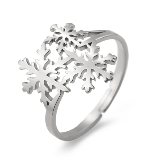 OIDIMS Xmas Snowflake Ring for Women Elegant Winter Flower Adjustable Open Band Rings Hypoallergenic Stainless Steel Christmas Holiday Wedding Engagement Prom Jewelry for Her Stocking Stuffer - color: Silver