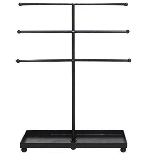 MyGift 3 Tier Black Metal Jewelry Organizer Stand with Ring Tray Base | Organize necklaces and bracelets across three tiers while the sturdy base tray keeps rings and small jewelry neatly stored