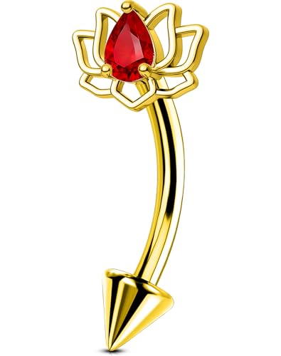 OUFER 16G Rook Piercing Jewelry, Lotus Eyebrow Earrings, 316L Surgical Steel Rook Earrings, Curved Barbell Lip Rings, Helix Cartilage Piercing Jewelry for Women - color: Gold, Red CZ