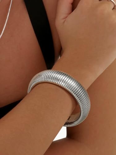 KeyStyle Bangle Bracelets For Women, Stainless Steel Stretch Bracelet Wide | 14K Gold/Rose Gold/Black/Silver Plated Flexible Wide Twisted Link Chain Wristband Jewelry, 10Mm, 16Mm, 20Mm - color: 20mm - Steel
