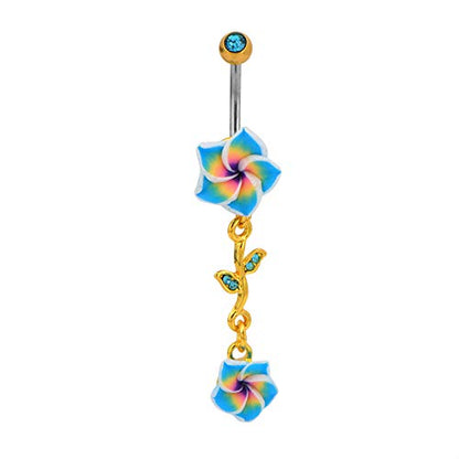 Assorted Set 14 Gauge 3/8 Inch 316L Surgical Steel Barbell Belly Button Navel Rings Dangles Boho Hawaiian Plumeria Flower - style: 2 Belly Dangle