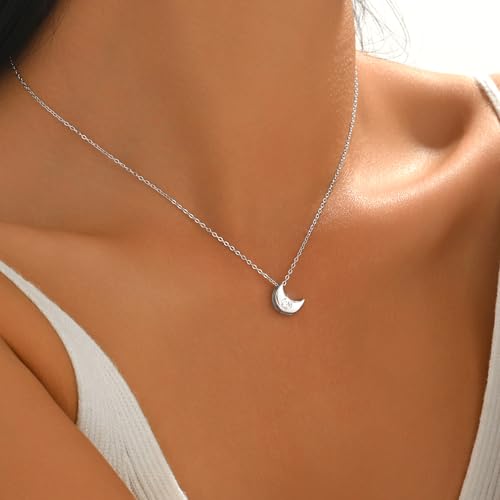925 Sterling Silver Dainty Moon Star Necklace For Womem | 14k Gold Plated Charm Crescent Moon and Star Pendant Choker Necklaces to Daughter Mother Jewelry Gift for Birthday Wedding - color: CZ Moon-Silver