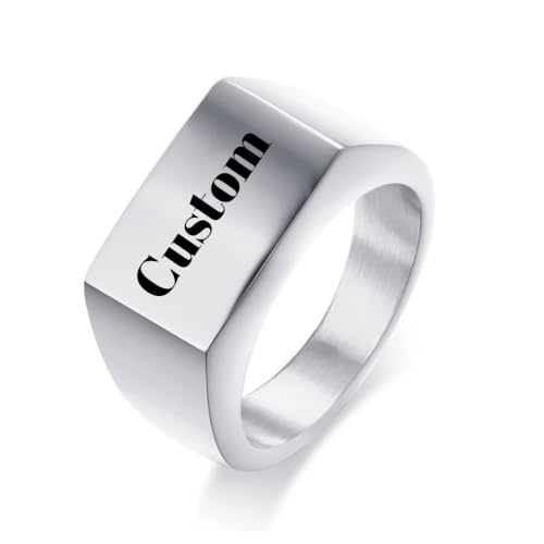 Stainless Steel Square Signet Rings for Men Women Gold/Silver Plain Pinky Thumb Ring, Gift for Dad Husband - color: Silver-Custom