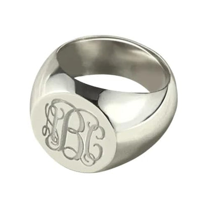 15mm Initial Ring 925 Silver/10K/14K/18K Gold Monogram Ring for Men Personalized Engraved Circle Monogram Signet Mens Ring Birthday Gifts - color: White Gold