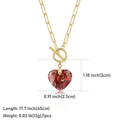 Puff Heart Healing Stone Necklace for Women, 14K Gold Plated Choker Paperclip Stainless Steel Chain, Colorful Natural Stone Boho Necklace Jewelry Gift for Women - color: Red Stone-Gold