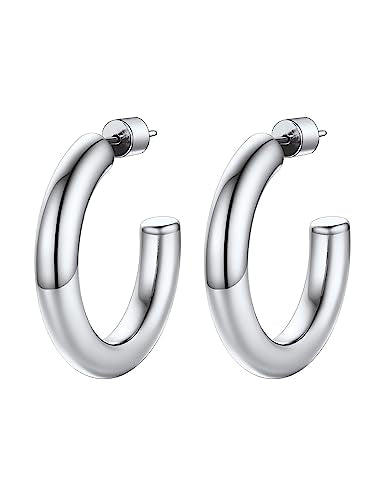PROSTEEL Chunky Hoop Earrings for Women 14K Gold Plated/Black/Silver | 20/30/40/50/60/70/80mm Stainless Steel Thick Big Round Hoop with Waterproof and Non Tarnish Trendy Jewelry with Gift Box - color: 2. Silver, size: 30MM