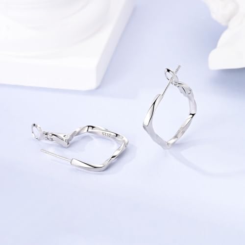 NARMO 925 Sterling Silver Earrings for Women Hypoallergenic Hoop Earrings - color: Twisted Square