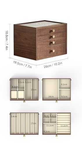 Black Walnut Wooden Women Jewelry Box with Glass Lid, 4 Layer | Large Drawer Jewelry Organizer,Velvet-Lined, For Necklaces, Watch, Ring, Earring, Ideal Gift for Her - style: 4 Layer A