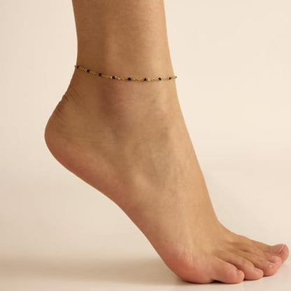 18K Gold Plated Boho Beaded Anklets for Women Dainty Gold Layered Round Ball Ankle Bracelet Pearl Cross Anklet Bracelet Waterproof Gold Jewelry - color: Black Beads-Gold